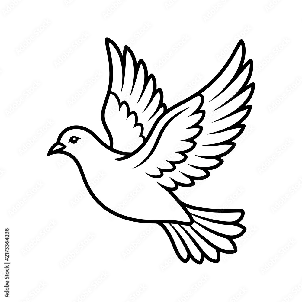 Fototapeta premium Flying dove of peace vector line art icon with spread wings