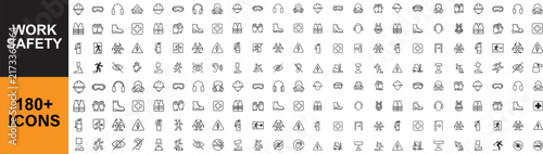 Work safety icon set. Collection of personal protective equipment, occupational hazard, emergency response and workplace protection line icon. Outline icon in linear style