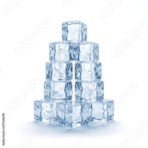 Transparent ice cubes stacked in a pyramid shape with inner bubble textures on a pure white background. Fresh, cold, and minimalist visual effect.
