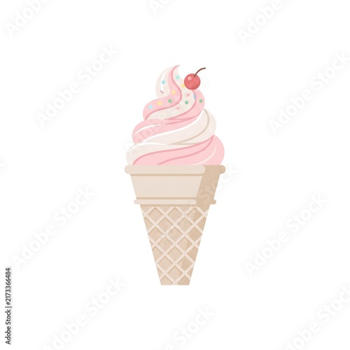 Minimalist illustration of a pink and white swirl soft serve ice cream cone with colorful sprinkles and a red cherry on top. Isolated on white background.