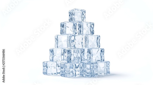 Transparent cubic ice blocks stacked in a pyramid with water drop textures on a pure white background. Clean, simple still life highlighting crystal texture.