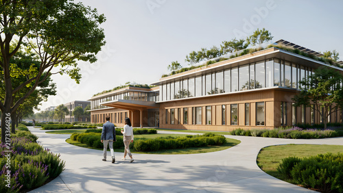 Business Professionals Walking by a Modern Wooden Office Building With Glass Facade and Landscaped Entrance