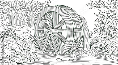Black and white line art of a large wooden waterwheel rotating in a river. Surrounded by rocks, dense trees, and bushes in a peaceful rural pastoral landscape.