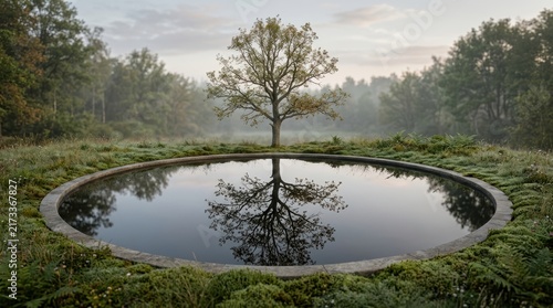 Tree reflecting in water pool