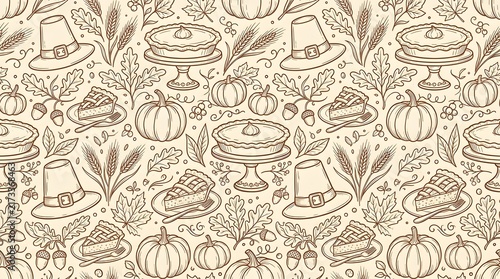Seamless pattern with pilgrim hats, pumpkins, wheat, and pie slices in vintage handdrawn engraving style for thanksgiving holiday background