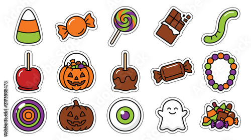 Colorful halloween candies and decorations arranged in a playful and festive layout