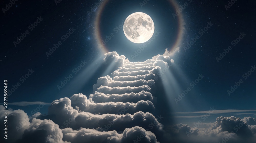 Fototapeta premium Stairway made of clouds leads up to full moon in starry night sky. Dramatic sunbeams cut through atmosphere creating mystical heavenly pathway.