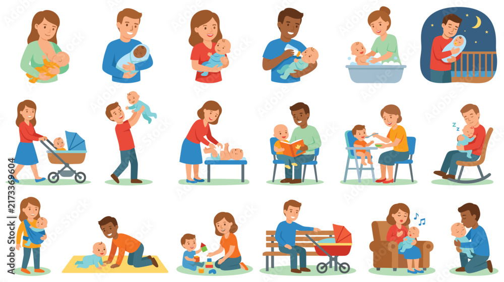Fototapeta premium Parents caring for newborn babies and toddlers set in colorful flat style.
