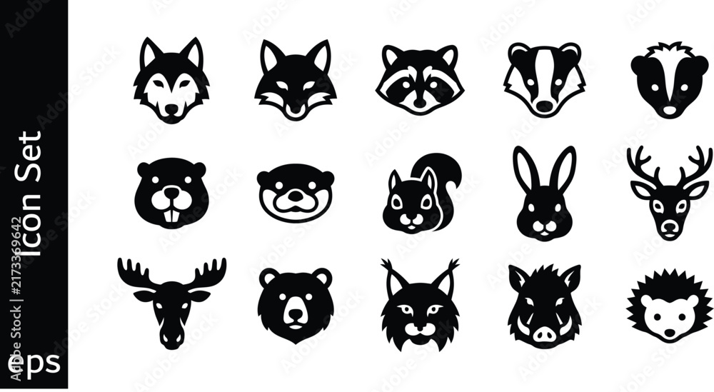 Obraz premium Set of fifteen black and white forest animal head icons featuring various woodland creatures in a flat style