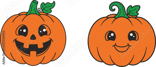 Two cute carved halloween jack o lantern pumpkins with cheerful cartoon expressions