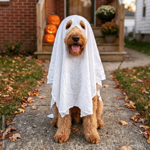 A cute golden doodle dog dressed as a ghost for halloween sitting on a sidewalk