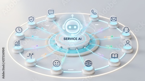 Artificial intelligence customer service chatbot network diagram displaying automated support and omnichannel communication
