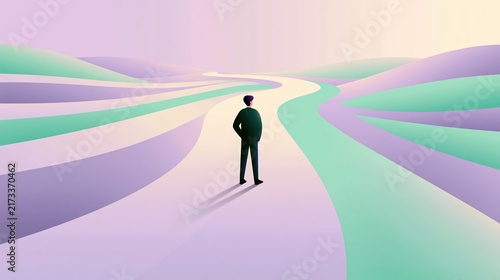 Person facing multiple winding paths merging into one clear route