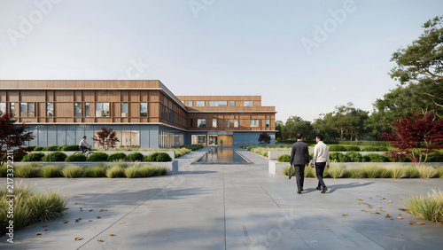 Business Professionals Walking by a Modern Wooden Office Building With Glass Facade and Landscaped Entrance