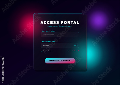 Futuristic Cyberpunk Login Portal Interface Template with Secure Access Form Fields and Neon Glow Effects for Sci-Fi Web Application