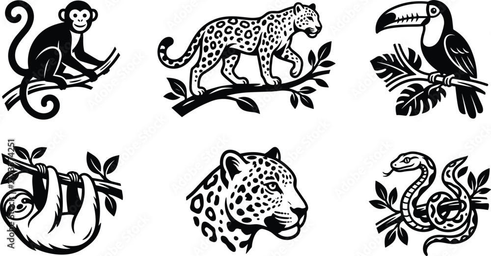 Naklejka premium Tropical rainforest wild animals black vector icons set featuring monkey jaguar toucan sloth leopard and snake