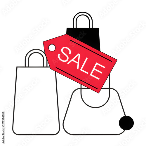 Flat Vector Shopping Bags with Red Sale Tag Illustration for E-commerce Retail Promotions and Marketing