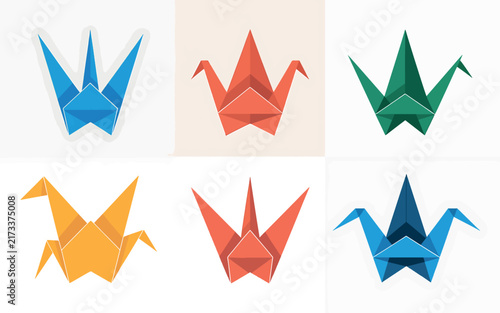 Minimalist orange origami crane bird vector graphic, modern geometric paper folding art, clean corporate logo design on white background for branding.