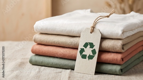 Stack of folded earth tone t-shirts with green recycle symbol tag for sustainable fashion concept.