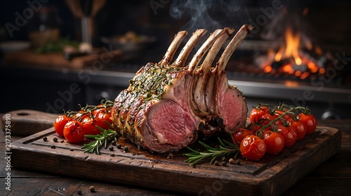 Gourmet grilled meat dinner concept, juicy medium rare lamb chops with fireplace background