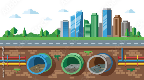 Underground pipe infrastructure with city skyline vibrant colors urban utility design.