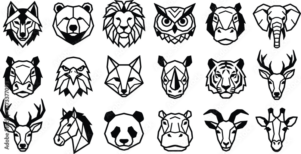 Fototapeta premium Geometric wild animal head icons set featuring minimal line art wolf bear lion owl fox elephant vector graphics