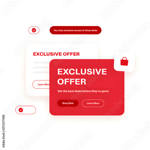 Modern Red Exclusive Offer UI Pop-up Banner Design with Shopping Bag Icon and Buttons