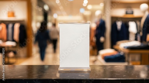 Blank white card in acrylic holder on store counter for retail signage mockup