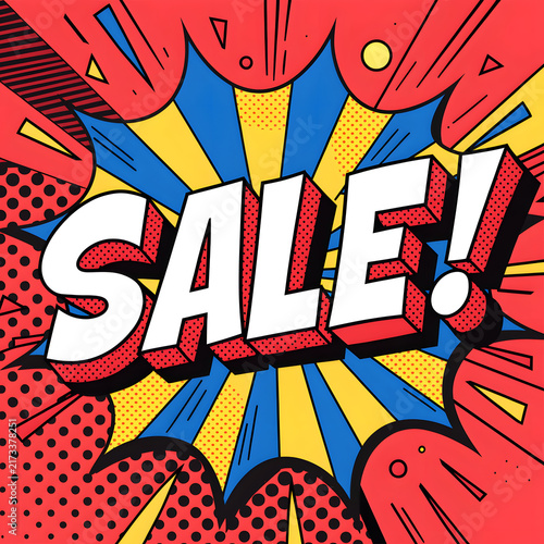 Vibrant Retro Pop Art Sale Poster with Bold 3D Text Comic Style Explosion and Halftone Background