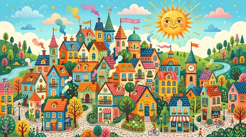 Vibrant Flat Illustration of Joyful Village Life