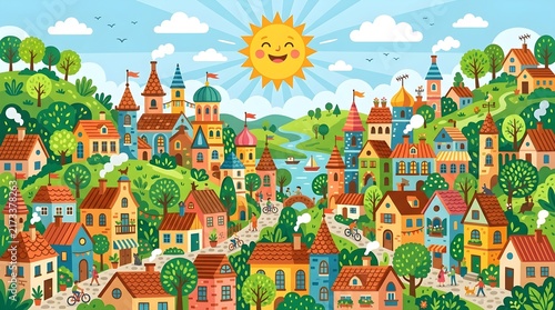 Charming Colorful Village on Sunny Day with River and Mountains