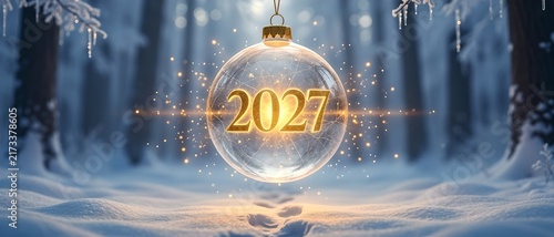 Crystal New Year Ornament with Golden “2027” in a Magical Snowy Forest — A transparent glass Christmas bauble hangs suspended in the air, its surface subtly cracked to enhance the vintage, festive fee
