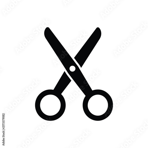 Black classic scissors silhouette icon with round handles and open blades for stationary, school, office supplies, and cutting themes