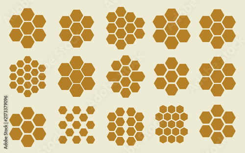 Minimalist golden yellow honeycomb pattern with geometric hexagon shapes on a beige background, stylish flat vector illustration for modern branding design and web graphics.