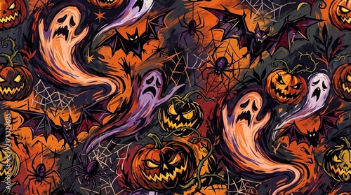 Seamless halloween pattern with pumpkins, ghosts, bats, and spiders	