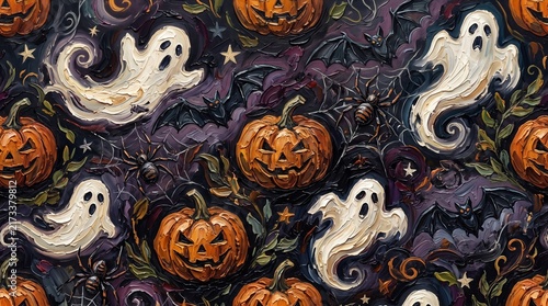 Seamless halloween pattern with pumpkins, ghosts, bats, and spiders	