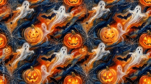Seamless halloween pattern with pumpkins, ghosts, bats, and spiders	