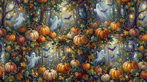 Seamless halloween pattern with pumpkins, ghosts, bats, and spiders	
