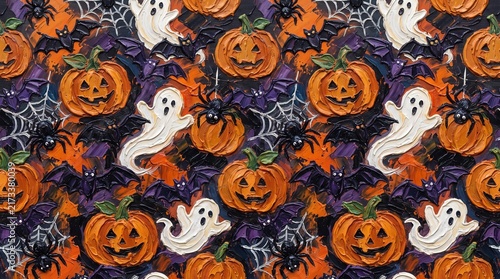 Seamless halloween pattern with pumpkins, ghosts, bats, and spiders	