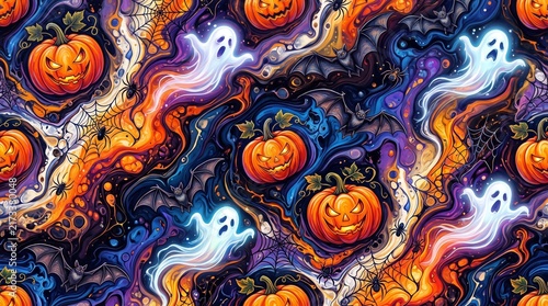 Seamless halloween pattern with pumpkins, ghosts, bats, and spiders	