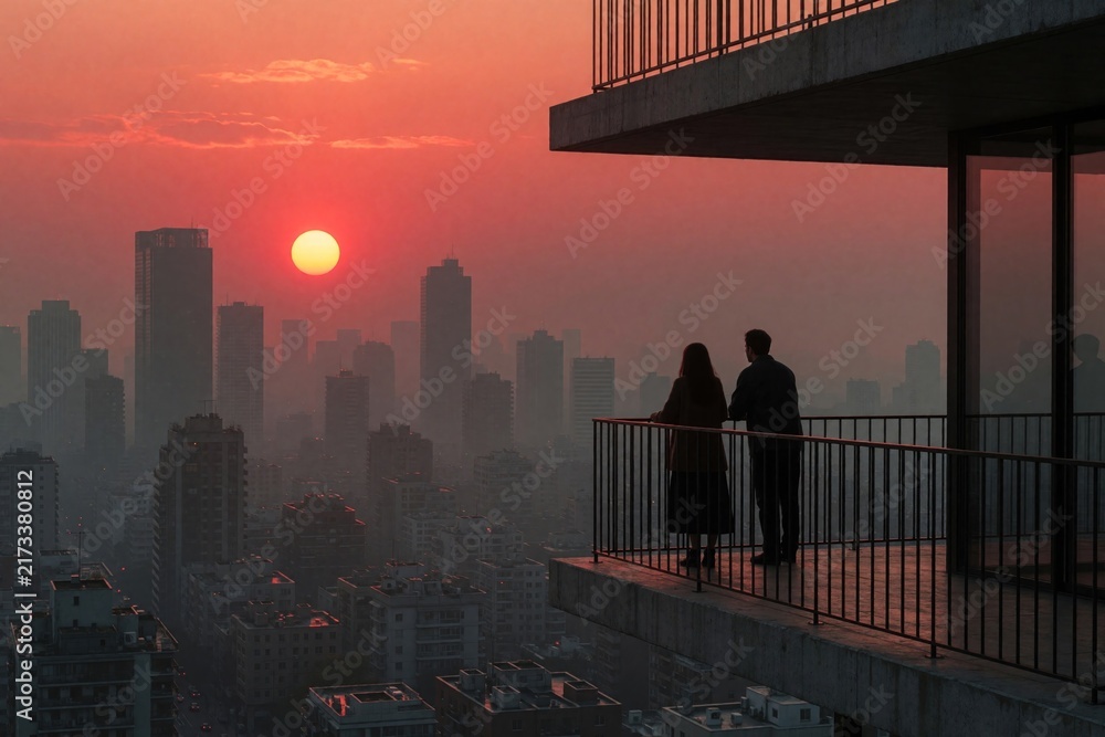 Naklejka premium Man, woman stand on high balcony watching orange sunset over urban city skyline. Romantic couple silhouettes enjoy evening view from apartment terrace. Peaceful twilight moment with hazy cityscape,