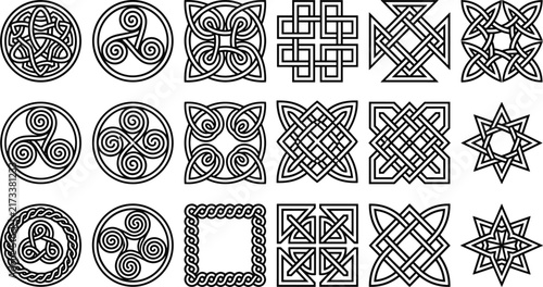 Set of Celtic knot and spiral black silhouette icons featuring intricate geometric patterns vector illustration