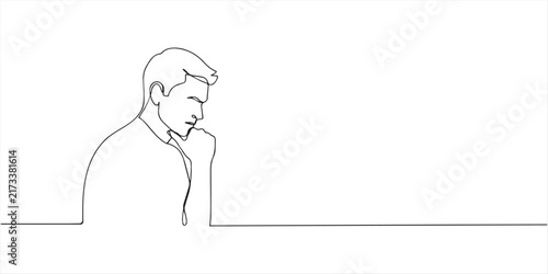 Minimalist Continuous One Line Drawing of a Thoughtful Man Thinking. 
