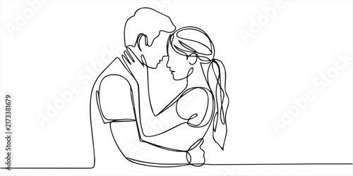 Minimalist Continuous One Line Drawing of a Loving Couple in an Embrace. 