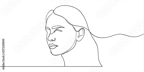 Minimalist Continuous One Line Drawing of a Woman Face Portrait. 