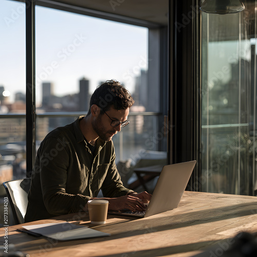 Young Man Working on Laptop in Bright Sunlit Modern Office with Urban View and Coffee