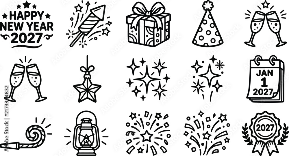 Naklejka premium Happy New Year 2027 celebration and holiday outline vector icons set