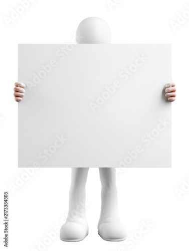 Plakat Faceless white 3D humanoid holding large blank rectangular signboard for copy space