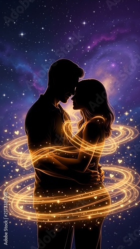 Cosmic Embrace: Silhouetted Couple United by Swirling Golden Energy Amidst the Starry Universe
