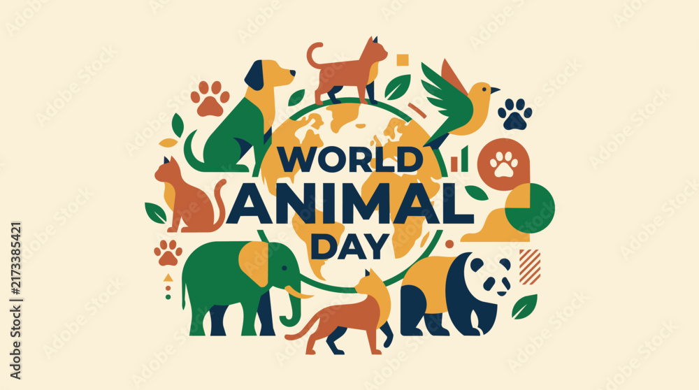 Fototapeta premium World Animal Day with planet earth globe surrounded by diverse wildlife fauna dog cat elephant panda and bird in organic flat style for animal protection campaign